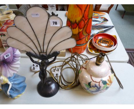 Reproduction Art Deco NUde with Fan Light and a Maling floral decorated lamp base 