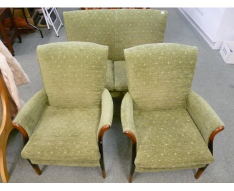 Parker Knoll 3 Piece Green upholstered Sofa Suite of 2 seater sofa and 2 armchairs on wooden frames 