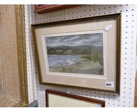 Framed watercolour of a coastal scene monogrammed A R, 25cm x 15cm 