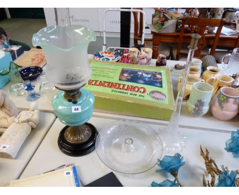 Late 19thC table Oil Lamp with Turquoise reservoir and etched shade and a etched glass Epergne 
