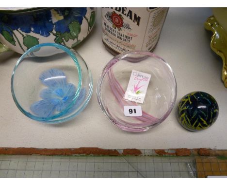 2 Caithness floral glass bowls and a unmarked glass paperweight 