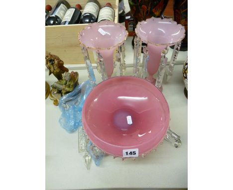 Pair of Victorian Pink glass lustres with clear drops and a Pink bowl with opaque glass stem 