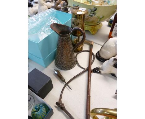 Vintage Brass Miners Lamp, Copper conical ewer, Whip and a Marble Handled tool 