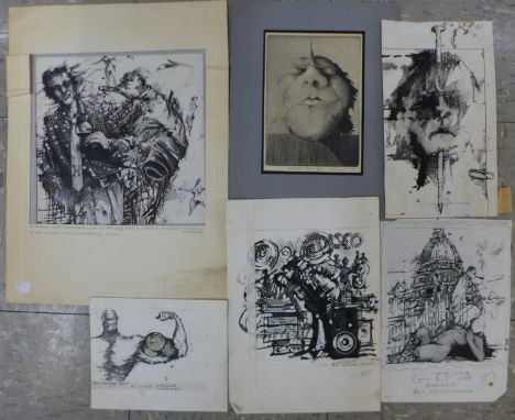 Wojciech Tuka (Polish), five mixed media surrealist studies, an abstract etching and four others 