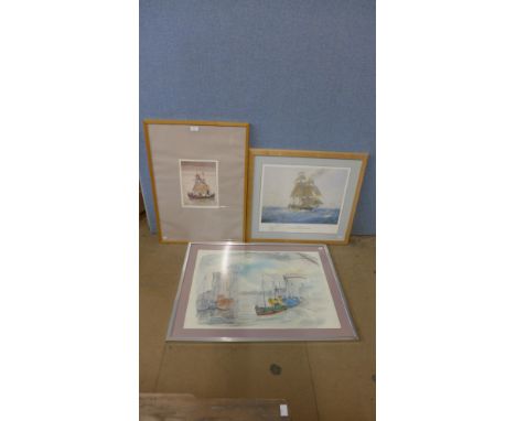 A signed Geoff Hunt print, H.M.S. Surprise, a W. Heath Robinson print, Noah's Ark and a watercolour, port scene, signed Yans 