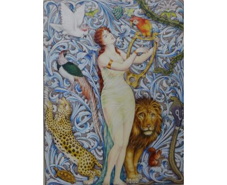 Gilbert Dodd (book illustrator), Pre-Raphaelite style portrait of a harpist amongst wildlife, watercolour and gouache, 25 x 1