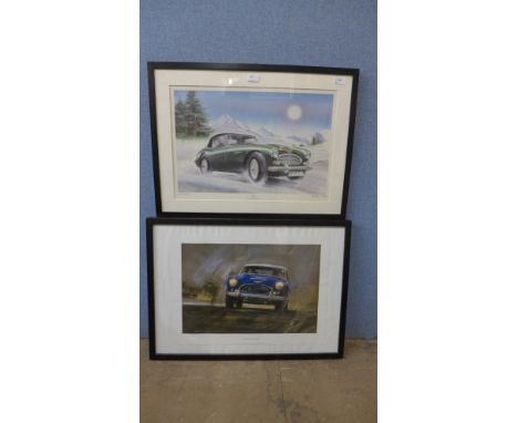 A signed Stan Parsons print, Austin Healy 3000 and another signed print of a vintage car 