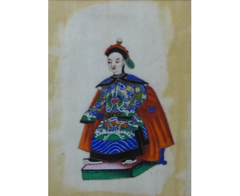 Chinese School, pair of courtyard scenes, watercolour on pith paper, 11.5 x 17.5cms and a portrait of an Emperor, gouache on 