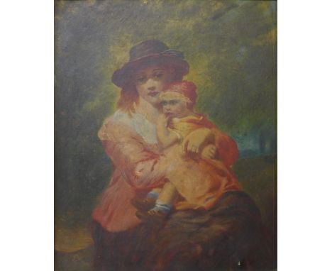English School (19th Century), portrait of mother and child, oil on canvas, 29 x 24cms and two gilt picture frames 