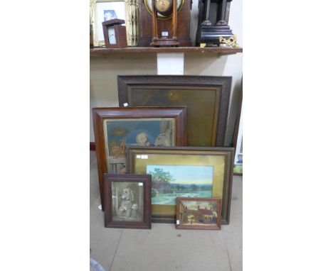 A Victorian religious woolwork tapestry, rosewood frame, a Bubbles print and three others 