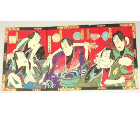 KUNICHIKA TOYOHARA (1835-1900): KABUKI THEATRE PLAY; a late 19th century original Japanese woodblock print, triptych (3 piece