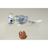 THREE PIECES OF CHINESE BLUE AND WHITE PORCELAIN, comprising tea bowl, a small leaf-from dish, and a