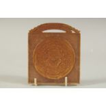 A CHINESE JADE OR HARDSTONE GILDED PENDANT, 11cm x 9.5cm.