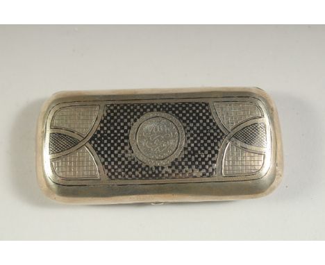 AN ANTIQUE RUSSIAN OTTOMAN SOLID SILVER AND NIELLO SNUFF BOX, 1889, with Arabic name inscribed, hallmarked to interior, 9cm x