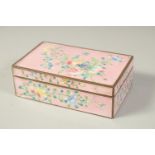 A CHINESE ENAMELLED PINK GROUND RECTANGULAR BOX, finely painted with a bird and butterfly as well as
