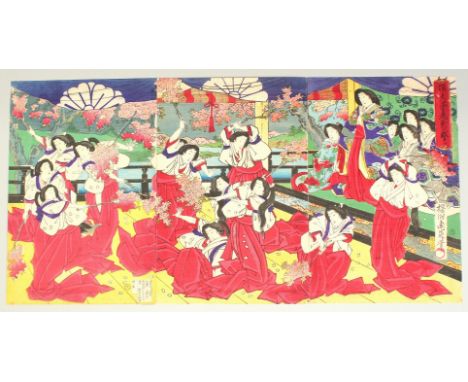 CHIKANOBU YOSHU (1838-1912): PERFORMANCE AT COURT; a late 19th century original Japanese woodblock print, triptych (3 pieces)