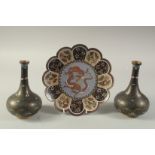 A JAPANESE CLOISONNE PETAL-FORM DRAGON DISH, together with a pair of black ground cloisonne