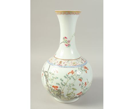 A LARGE CHINESE FAMILLE ROSE PORCELAIN VASE, enamel painted with peaches, flora, and ruyi, the base with character, 42cm high