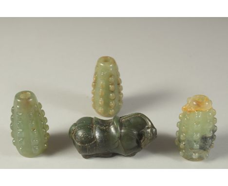 A COLLECTION OF THREE CARVED JADE STUDDED DROP-SHAPED BEADS, each approx. 6cm long, together with a carved hardstone horse, 7