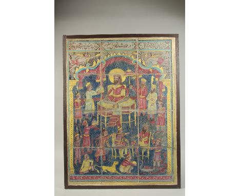 A FINE EARLY 19TH CENTURY PERSIAN QAJAR GLAZED POTTERY TWELVE-TILE PANEL, depicting enthroned prophet Soloman, 81cm x 61cm ov