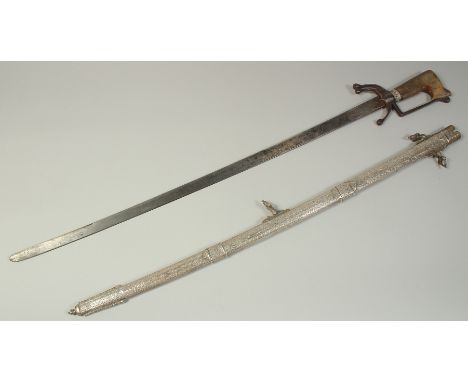 A VERY FINE 19TH CENTURY MOROCCAN RHINO HORN HILTED NIMCHA SWORD, with engraved silver scabbard, 100cm long overall.