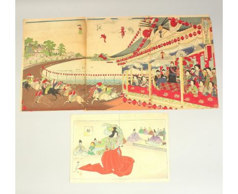 CHIKANOBU YOSHU (1838-1912): RACE COURSE IN UENO, TOKYO &amp; PICTURE OF LADY SHIZUKA DANCING; two late 19th century original