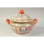 A CHINESE CANTON FAMILLE ROSE PORCELAIN TUREEN AND COVER, painted with panels of figures, birds, and