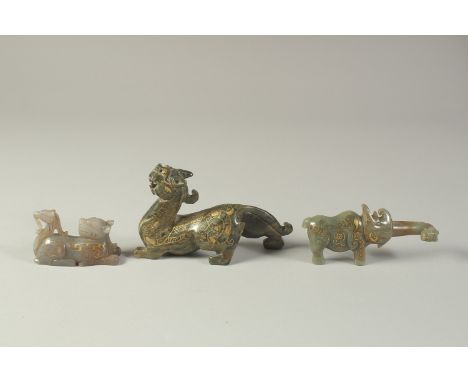 A COLLECTION OF THREE GILDED CARVED JADE ANIMALS / BEASTS, (3).