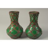 A PAIR OF JAPANESE AWAJI WARE GREEN GLAZED PORCELAIN VASES, with woven bamboo overlay, each with
