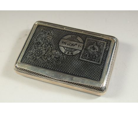 AN ANTIQUE RUSSIAN OTTOMAN ENAMEL STYLE NIELLO SOLID SILVER SNUFF BOX, signed / inscribed, hallmarked to the interior, weight