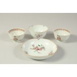 A CHINESE FAMILLE ROSE PORCELAIN TEA BOWL AND SAUCER DISH, together with a pair of porcelain cups
