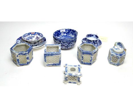 A collection of Oriental blue and white ceramics, including: Chinese white metal snuff box with blue and white ceramic inset 