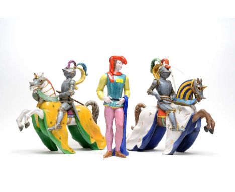 A pair of Italian pottery figures of jousting knights on horseback, by Ugo Zaccagnini, each 32cms high; together with a Zacca