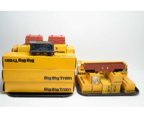 A collection of The Big Big Train models, by Rovex Scale Models Ltd, including: open wagons; passenger coaches; and others, m