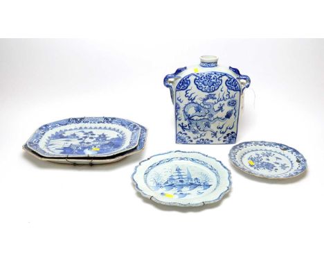 A selection of Chinese blue and white ceramic wares, including: a twin handled Dragon vase, 29cms high; two circular plates; 