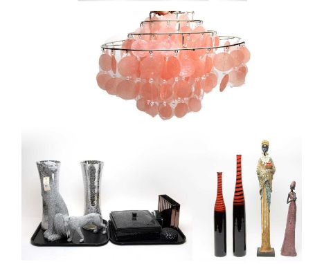 A contemporary white metal chandelier ceiling light, with pearlescent pink disk and crystal sphere drops, 43cms diameter; a f
