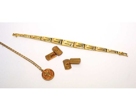 A yellow gold Greek key motif bracelet, formed of graduated links, stamped '585' to clasp, 8cms long, 13.3g; together with a 