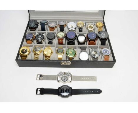 A large collection of contemporary sports and dress watches, including Banyar, Curren, Timex "Indiglo", Naviforce, and Jaraga