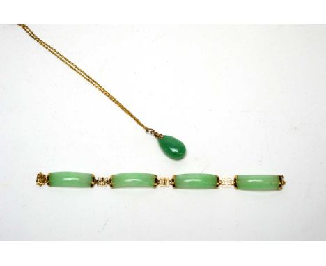 A Chinese jade and yellow gold bracelet, stamped '15K 585', 12.3g; and a jade pendant, in yellow metal mount, on gilt chain. 