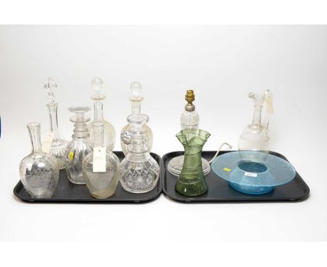 A selection of coloured and cut glass ware, including: a cut and etched glass table lamp, with rose and leaf motif decoration