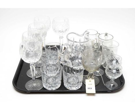 A set of five Waterford Crystal stemmed wine glasses; a set of five Waterford Crystal tumblers; a lemonade jug; three Webb Co