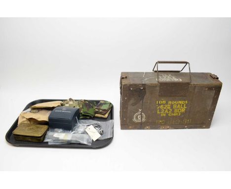 A WWI brass Christmas tin; an ammunition case; a selection of miniature campaign medals, each packaged; two German crosses; a