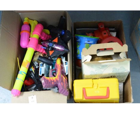 A collection of toys and models, including: Fluppets hand puppet, in box; water guns; model helicopter; 3D Viewmaster; and ot