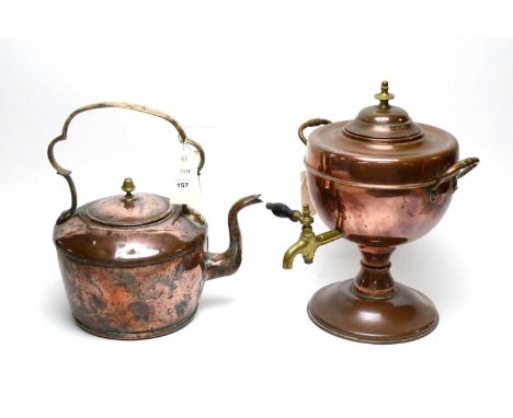 A Victorian copper and brass samovar, of urn form, with brass tap and turned wood handle, 34cms high; together with a Victori