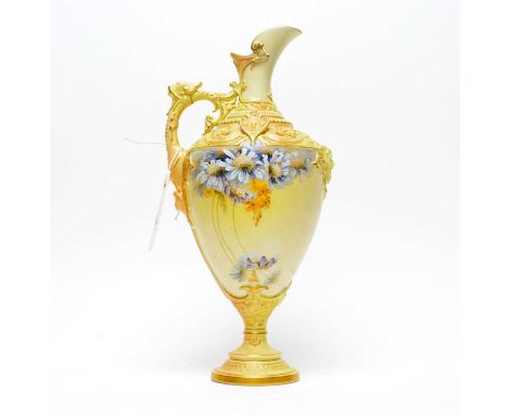 A Royal Worcester blush ivory ewer, handpainted with blue floral sprays, printed and painted marks to underside, pattern 1742