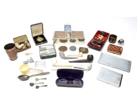 A collection of pipes, cigarette boxes and other ephemera, including: pair of silver collared L & Co tobacco pipes, by Robert