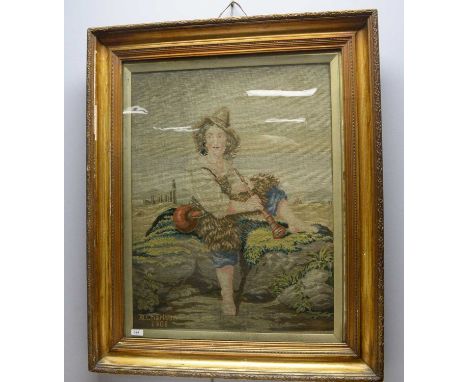 A Berlin woolwork panel 'The Shepherd Boy', signed M. Charlton, and dated 1901, in gilt frame, 82 x 99cms high.  