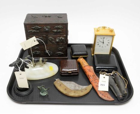 Assorted collectible wares including: an oriental stained oak miniature chest, 18cms high; an alabaster ashtray or trinket di