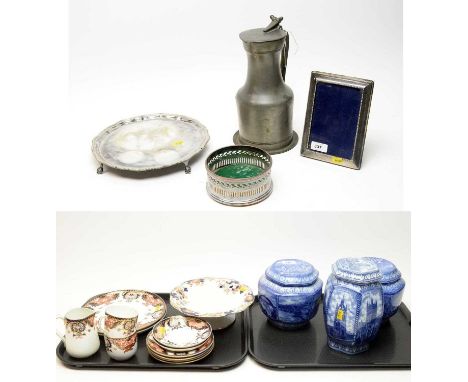 A selection of ceramic tea wares, including: Royal Crown Derby and other ‘Imari’ pattern tea ware; three Maling Ringtons blue