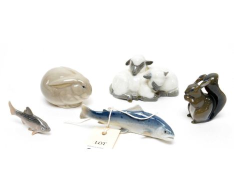 A Royal Copenhagen decorative ceramic figure of a Pair of Lambs, 11cms long; together with collection of other  Royal Copenha